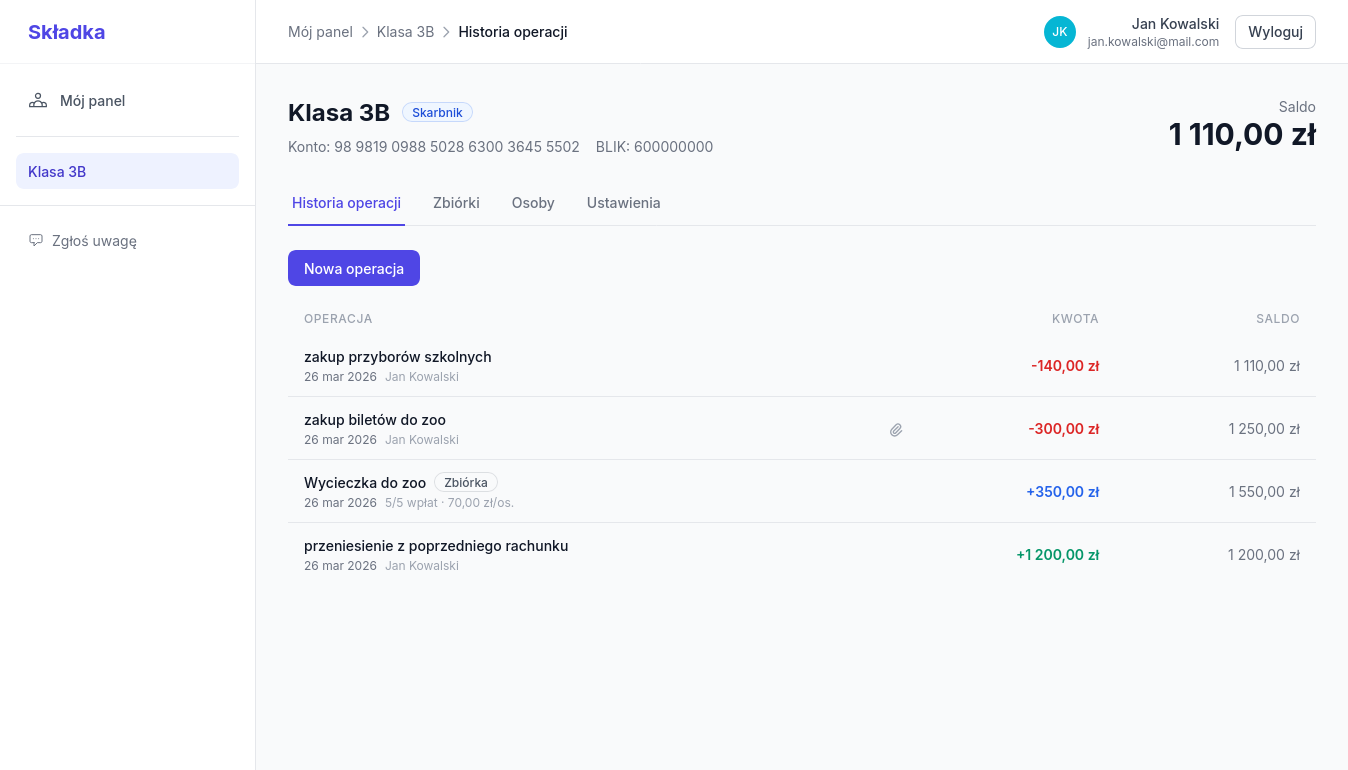 Składka — podgląd aplikacji